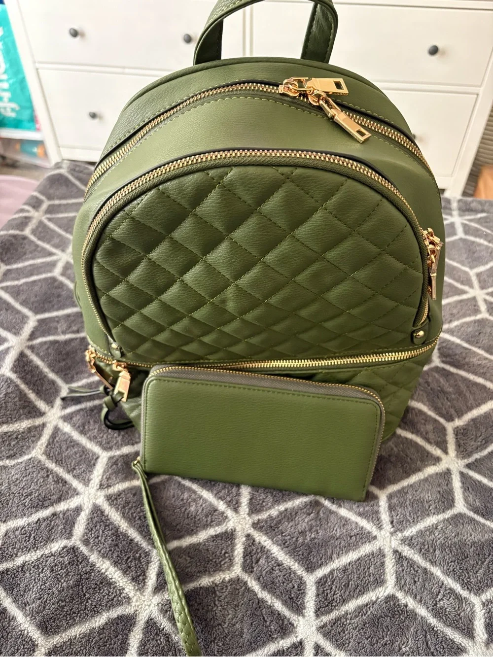 Quilted Olive Green Women’s Backpack - Stylish Everyday Bag and Wallet